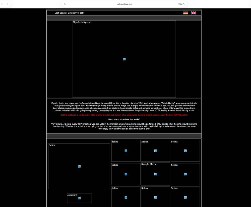 NIP-Activity website archived in October 2007 showing the early website and Selina